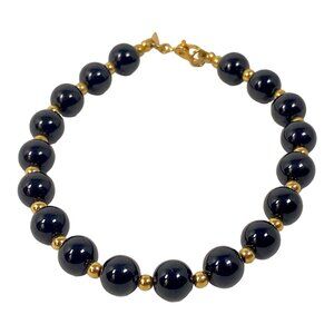 Monet Beaded Bracelet 7" Black Lucite Gold Plated Bead 80s Plastic Jewelry VTG